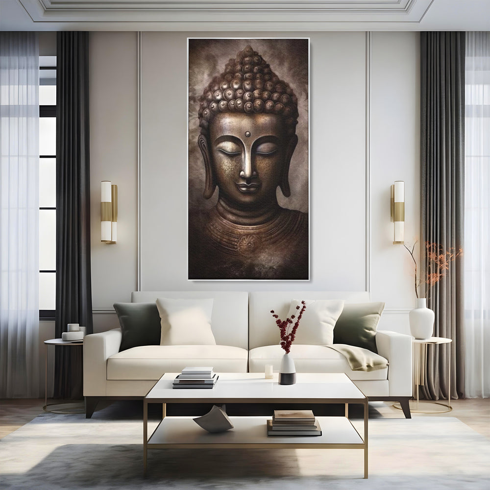Tablou canvas cu tablou canvas cu portret buddha, in rama de aluminiu argintiu, pe perete intr-un living