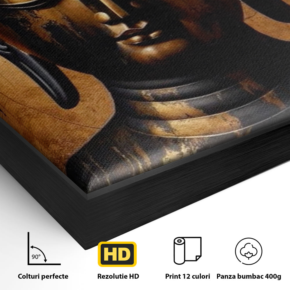 Detaliu al suprafetei: tablou canvas cu capul lui buddha, in rama de aluminiu negru