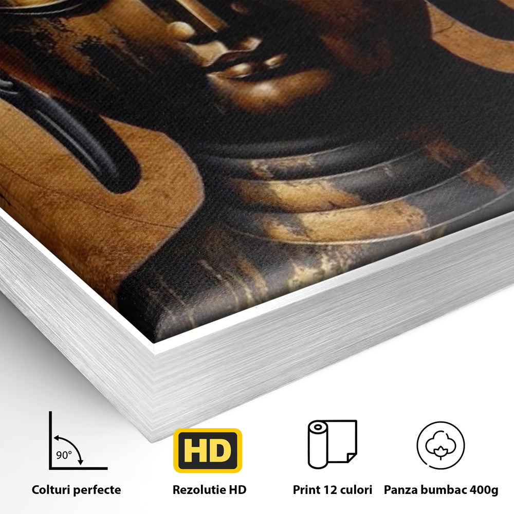 Detaliu al suprafetei: tablou canvas cu capul lui buddha, in rama de aluminiu argintiu