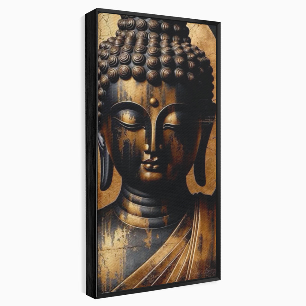 Tablou canvas cu tablou canvas cu capul lui buddha, in rama de aluminiu negru