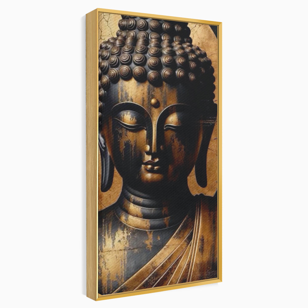 Tablou canvas cu tablou canvas cu capul lui buddha, in rama de aluminiu auriu