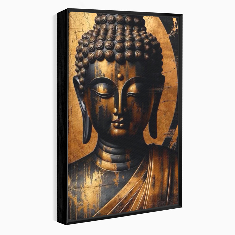 Tablou canvas cu tablou canvas cu capul lui buddha, in rama de aluminiu negru