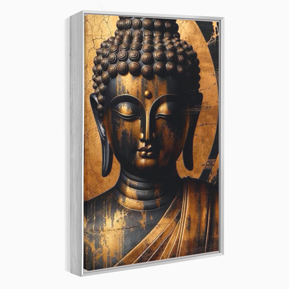 Tablou canvas cu tablou canvas cu capul lui buddha, in rama de aluminiu argintiu