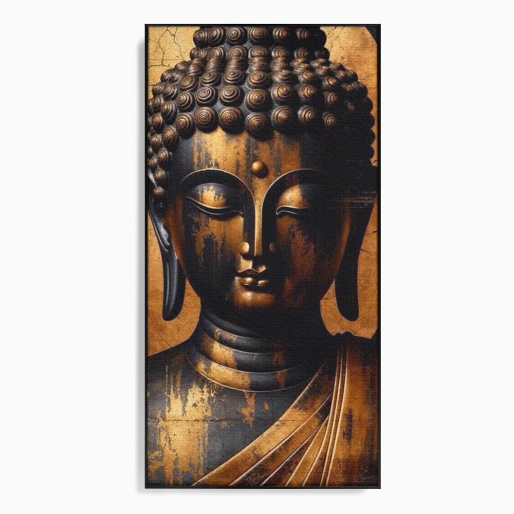 Tablou canvas cu tablou canvas cu capul lui buddha, in rama de aluminiu negru