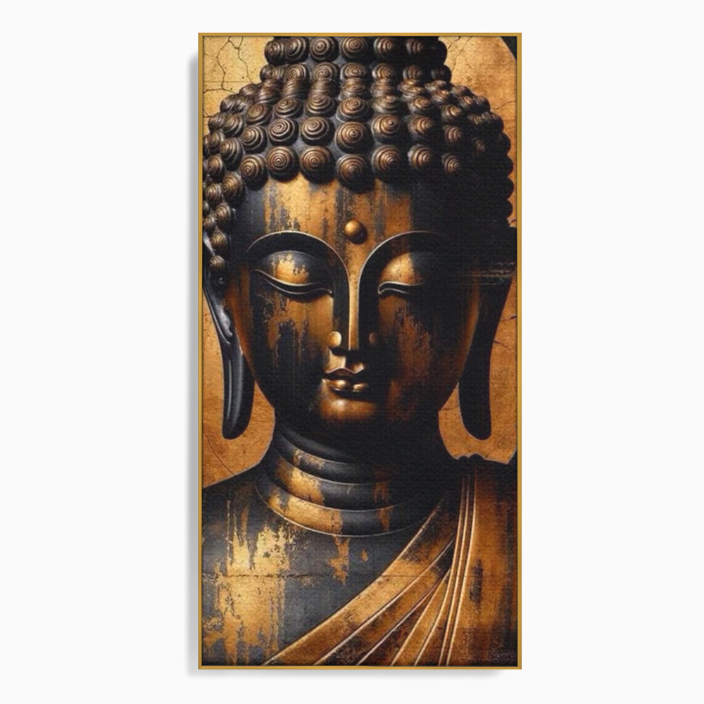 Tablou canvas cu tablou canvas cu capul lui buddha, in rama de aluminiu auriu