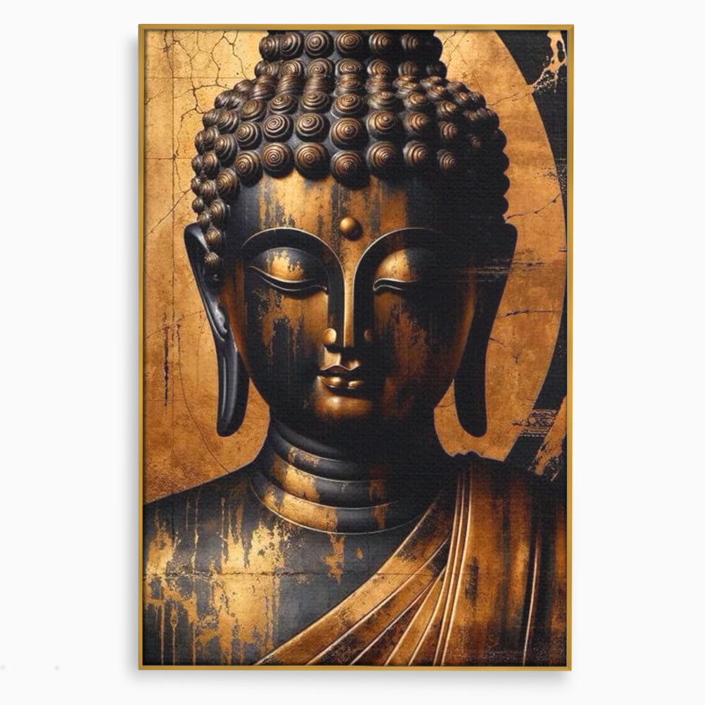 Tablou canvas cu tablou canvas cu capul lui buddha, in rama de aluminiu auriu