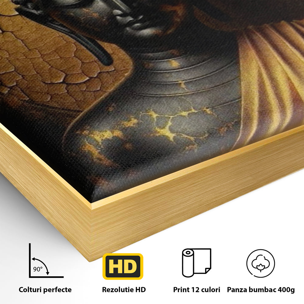 Detaliu al suprafetei: tablou canvas cu portret buddha, in rama de aluminiu auriu
