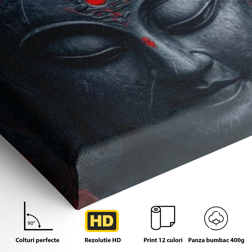 Detaliu al suprafetei: tablou canvas cu capul lui buddha, fara rama, pe sasiu de lemn