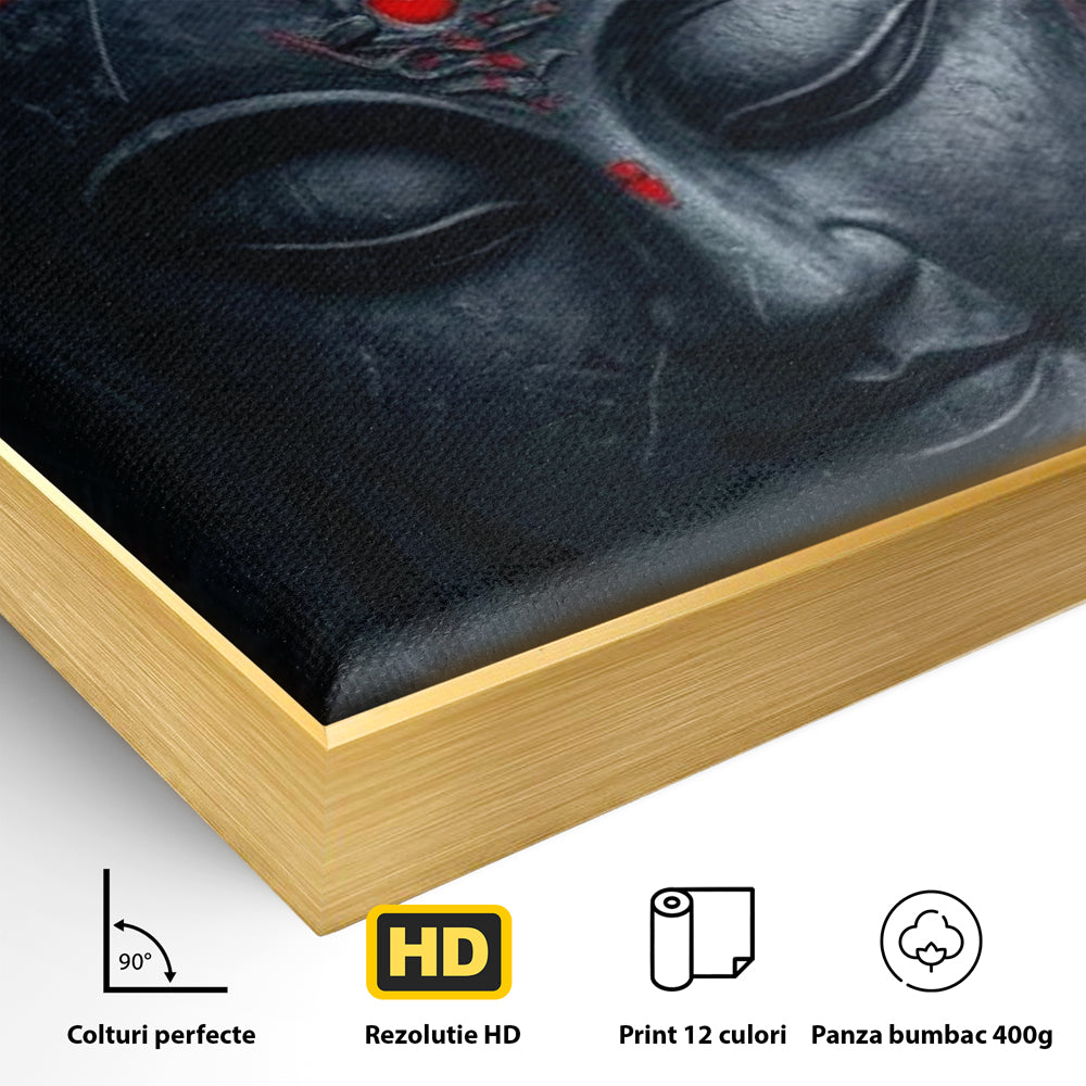 Detaliu al suprafetei: tablou canvas cu capul lui buddha, in rama de aluminiu auriu