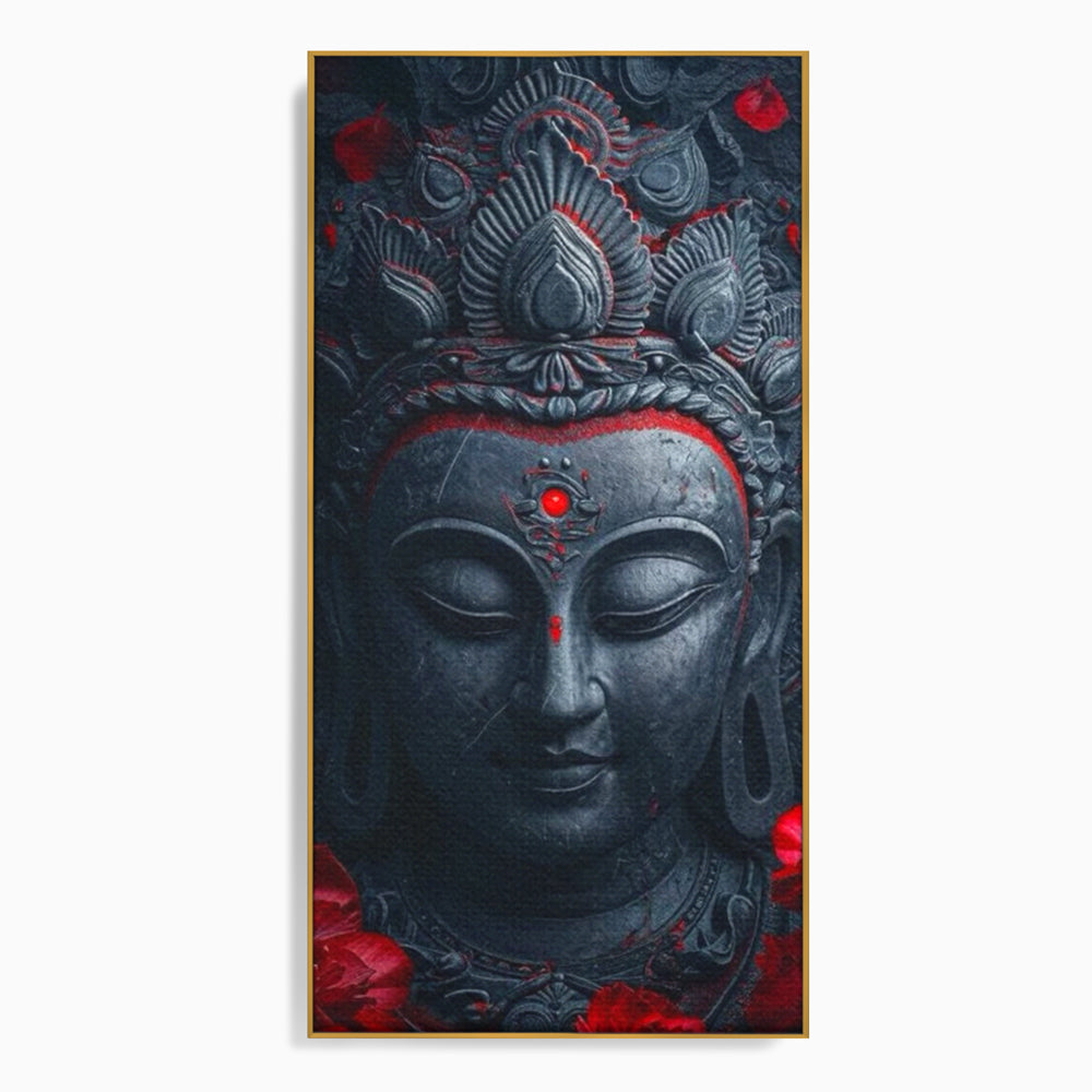 Tablou canvas cu tablou canvas cu capul lui buddha, in rama de aluminiu auriu
