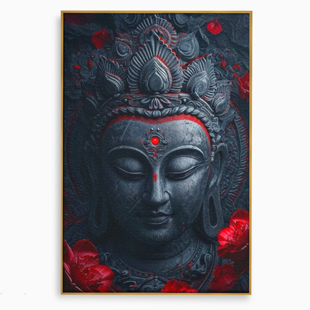 Tablou canvas cu tablou canvas cu capul lui buddha, in rama de aluminiu auriu