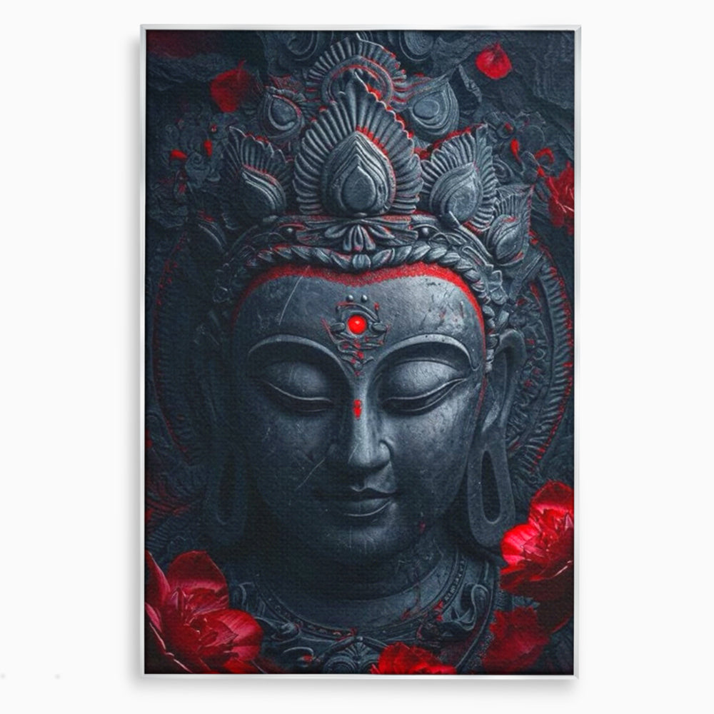 Tablou canvas cu tablou canvas cu capul lui buddha, in rama de aluminiu argintiu