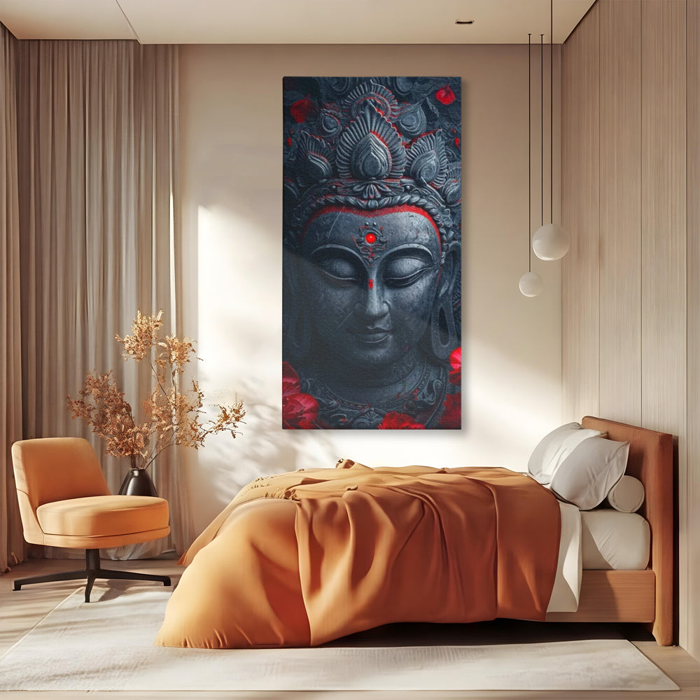 Tablou canvas cu tablou canvas cu capul lui buddha, fara rama, pe sasiu de lemn, pe perete intr-un dormitor