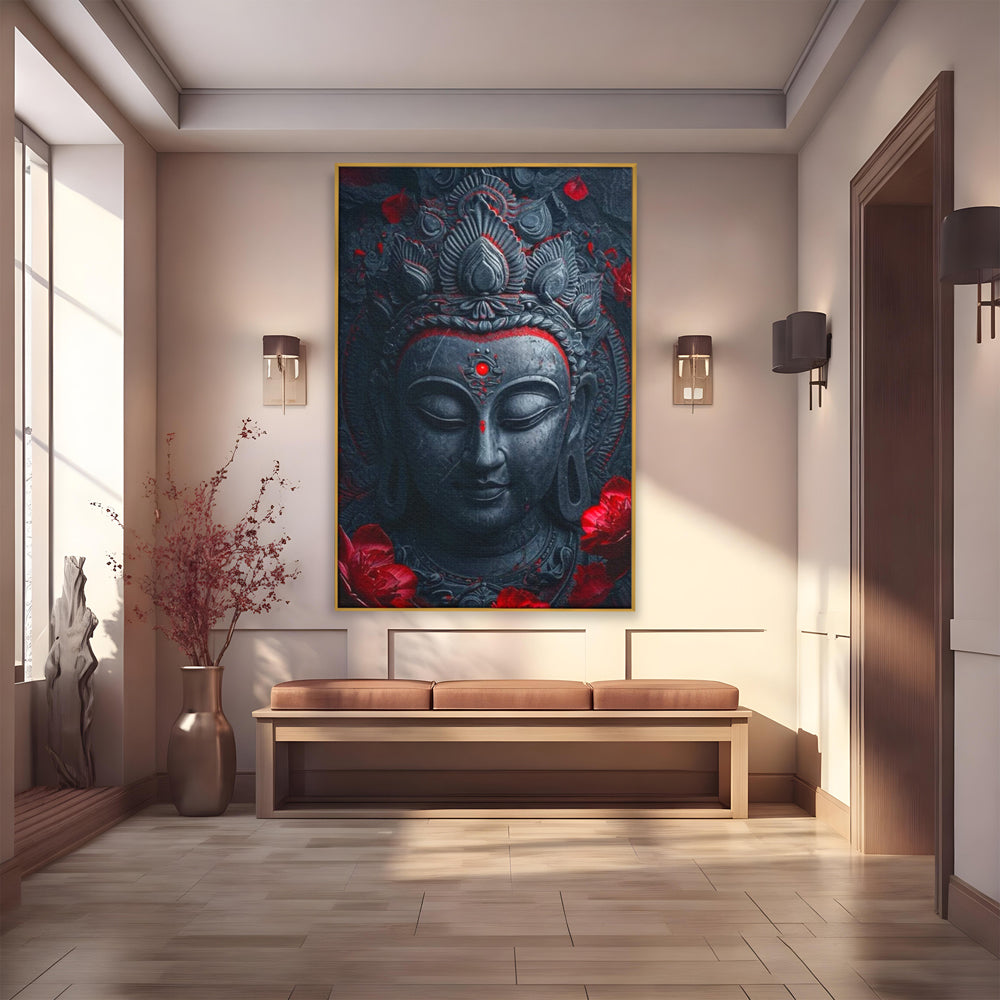 Tablou canvas cu tablou canvas cu capul lui buddha, in rama de aluminiu auriu