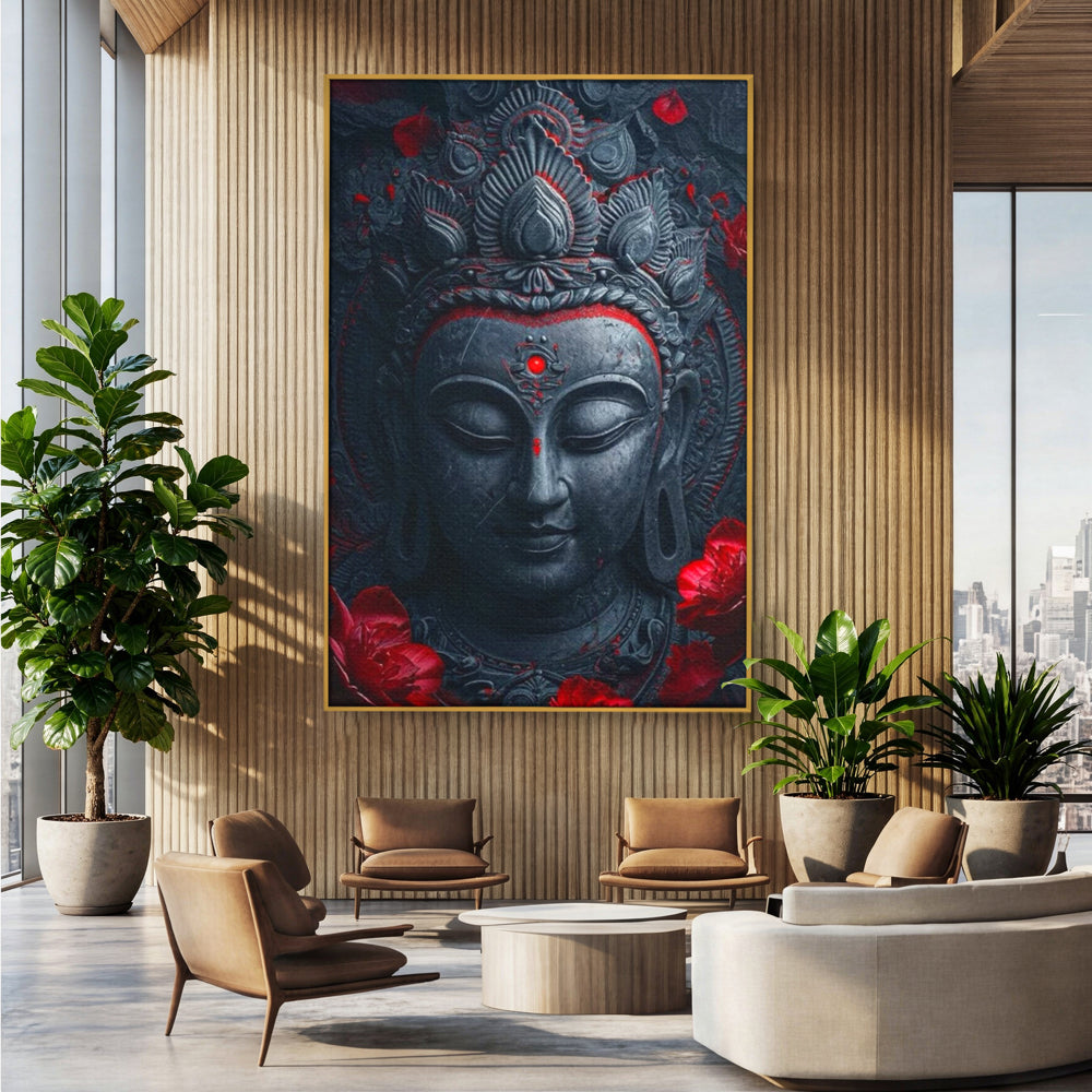 Tablou canvas cu tablou canvas cu capul lui buddha, in rama de aluminiu auriu, pe perete intr-un birou