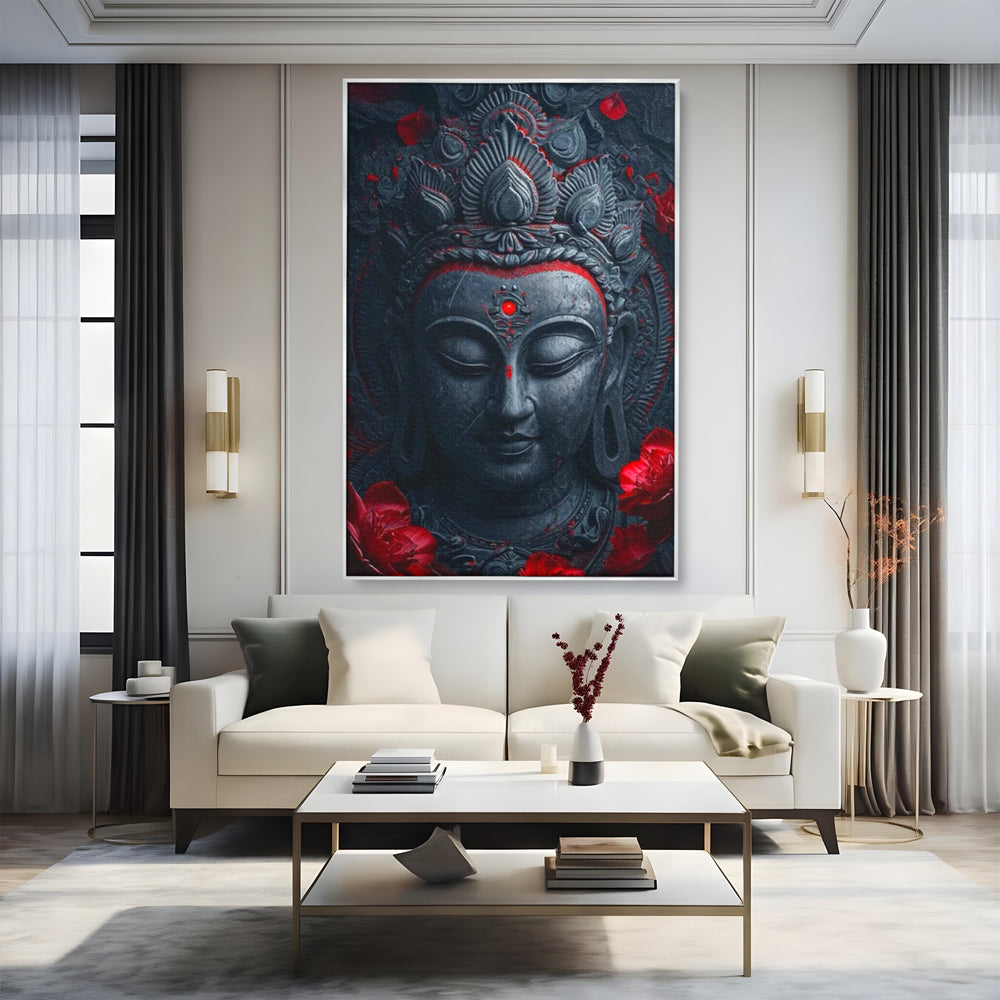 Tablou canvas cu tablou canvas cu capul lui buddha, in rama de aluminiu argintiu, pe perete intr-un living