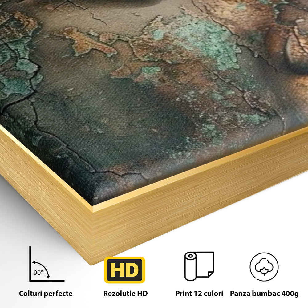Detaliu al suprafetei: tablou canvas cu profil de buddha, in rama de aluminiu auriu