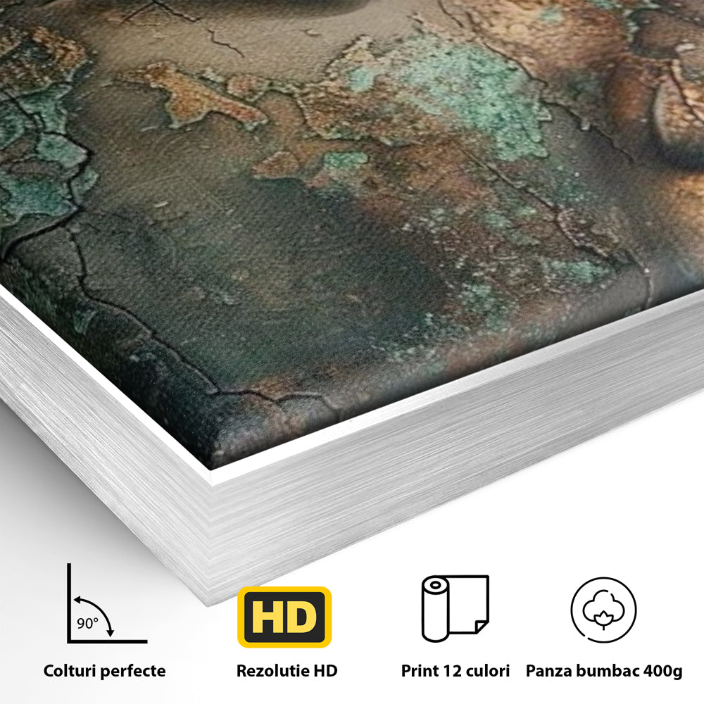 Detaliu al suprafetei: tablou canvas cu profil de buddha, in rama de aluminiu argintiu