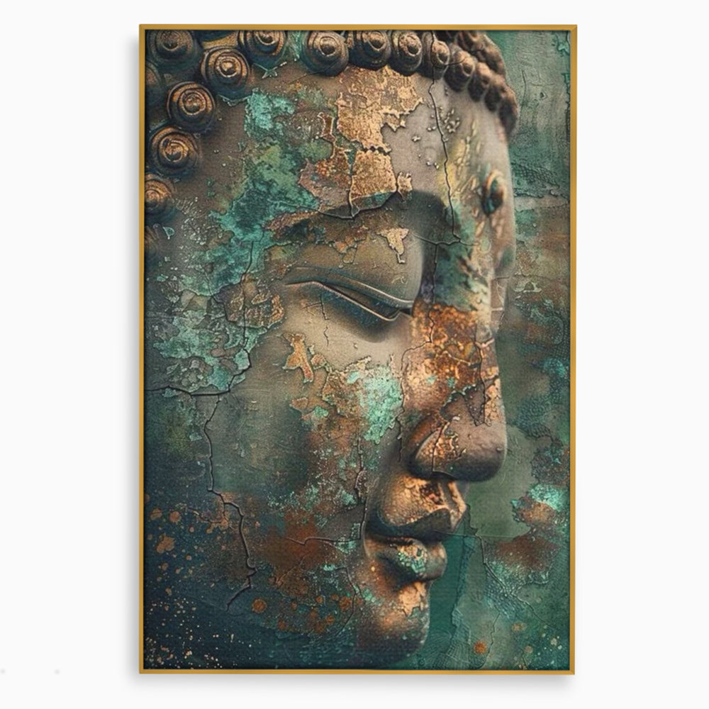 Tablou canvas cu tablou canvas cu profil de buddha, in rama de aluminiu auriu