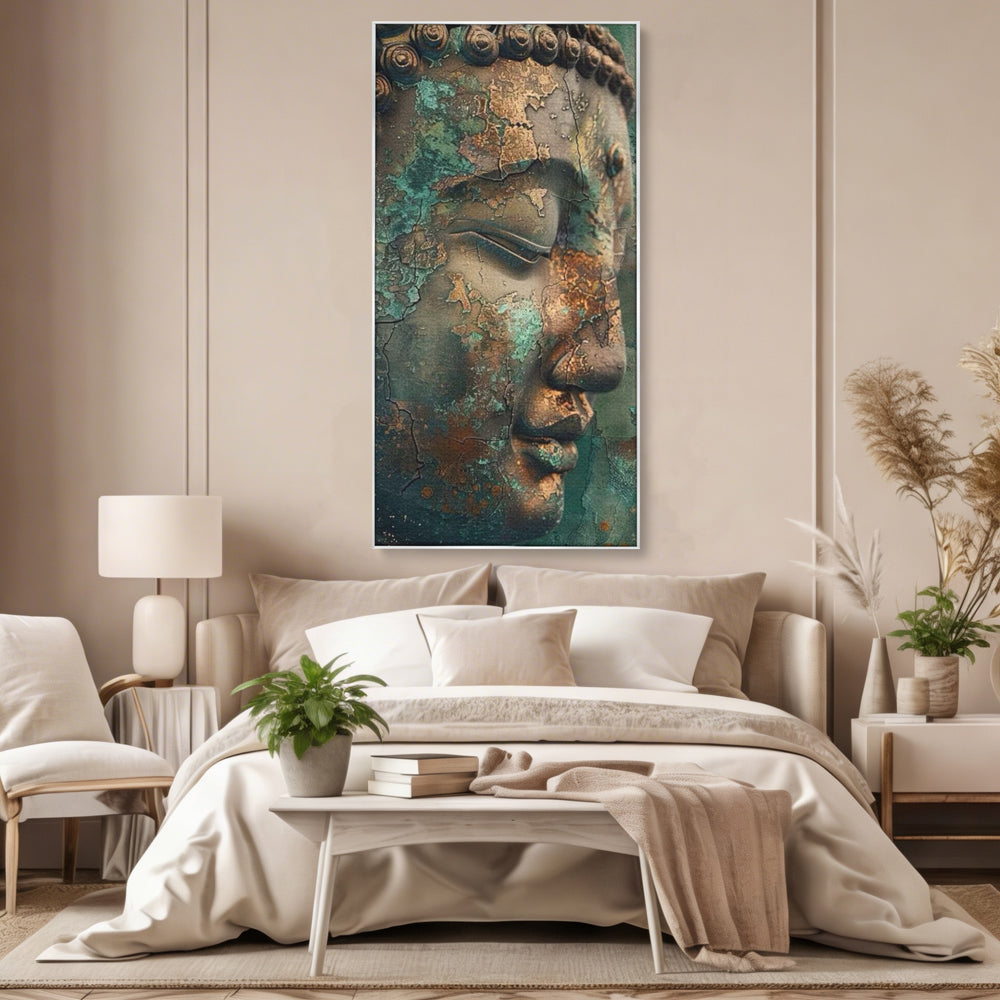 Tablou canvas cu tablou canvas cu profil de buddha, in rama de aluminiu argintiu, pe perete intr-un dormitor