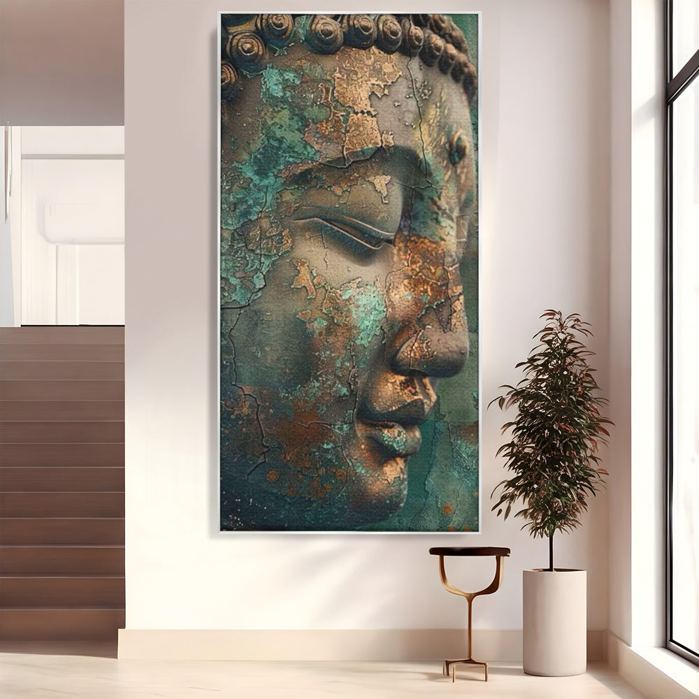 Tablou canvas cu tablou canvas cu profil de buddha, in rama de aluminiu argintiu