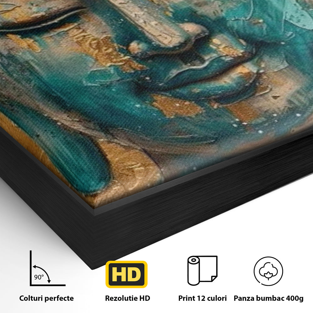 Detaliu al suprafetei: tablou canvas cu capul lui buddha, in rama de aluminiu negru