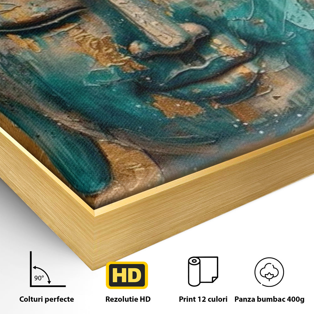 Detaliu al suprafetei: tablou canvas cu capul lui buddha, in rama de aluminiu auriu