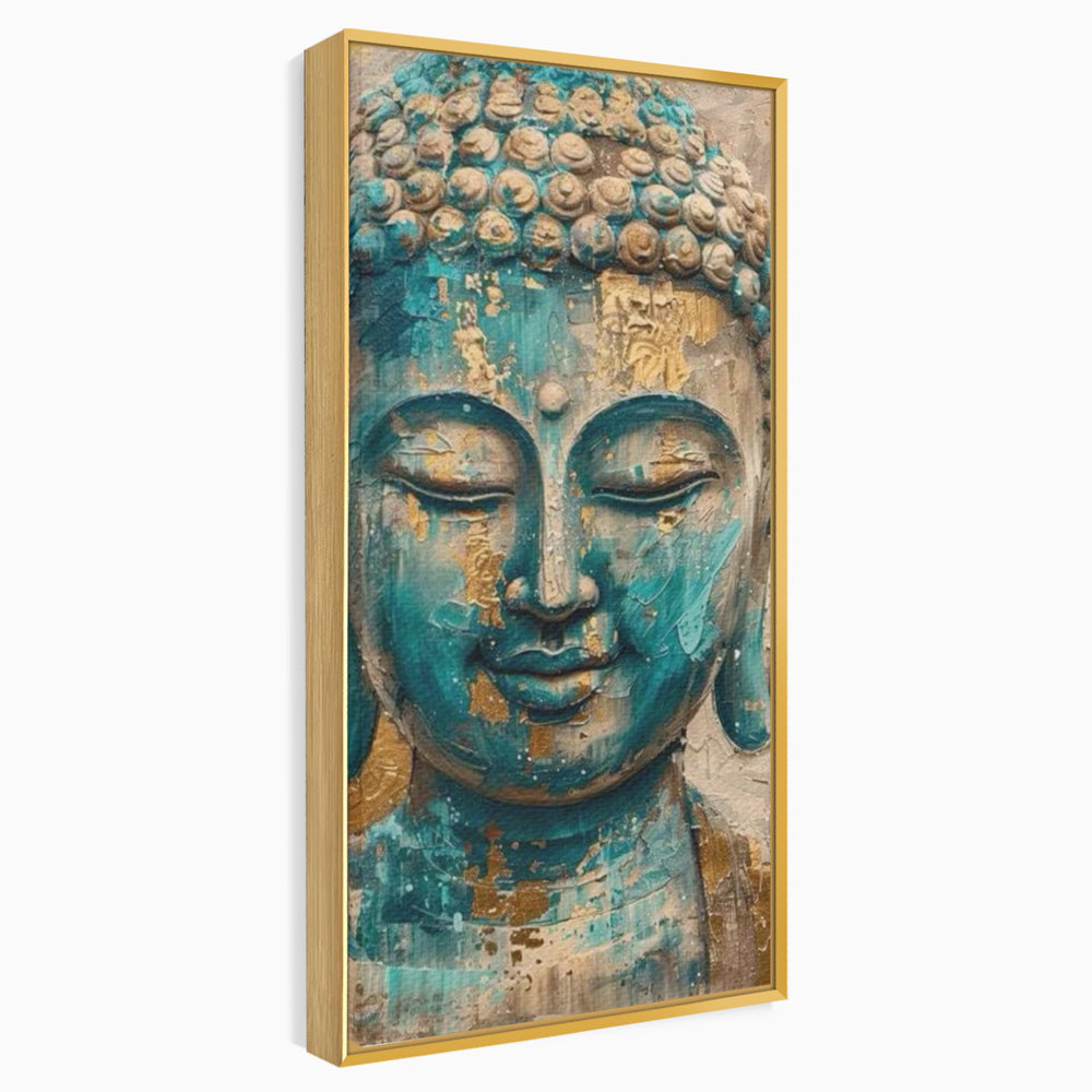 Tablou canvas cu tablou canvas cu capul lui buddha, in rama de aluminiu auriu