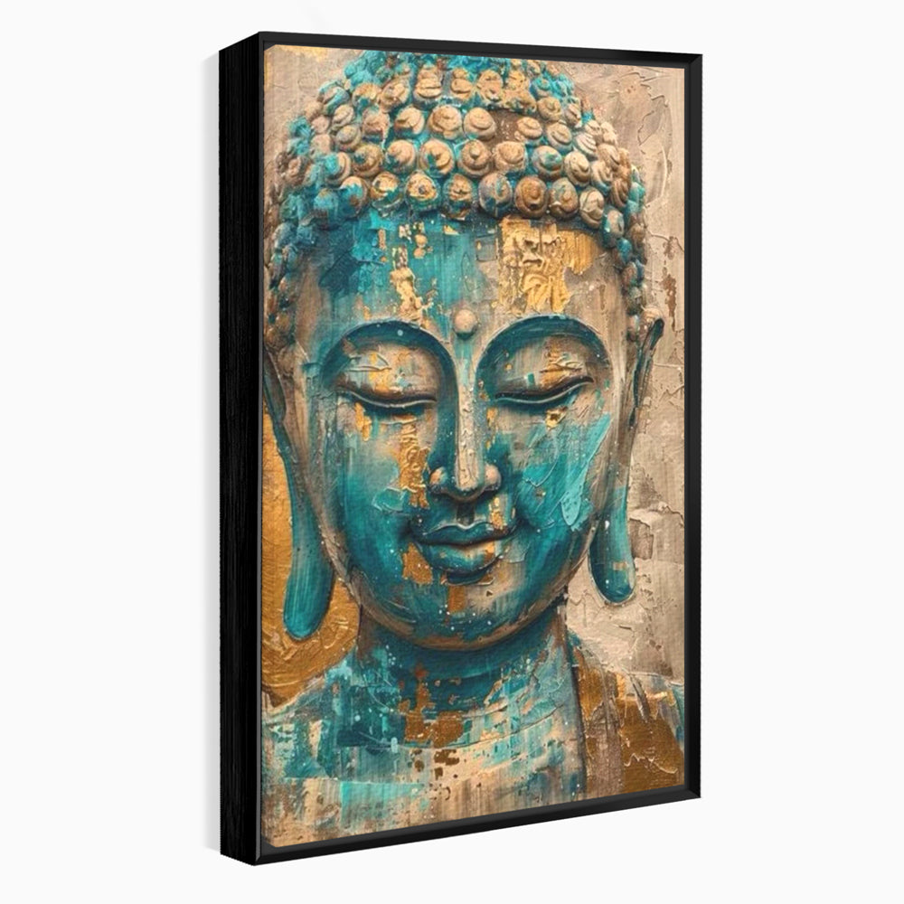 Tablou canvas cu tablou canvas cu capul lui buddha, in rama de aluminiu negru