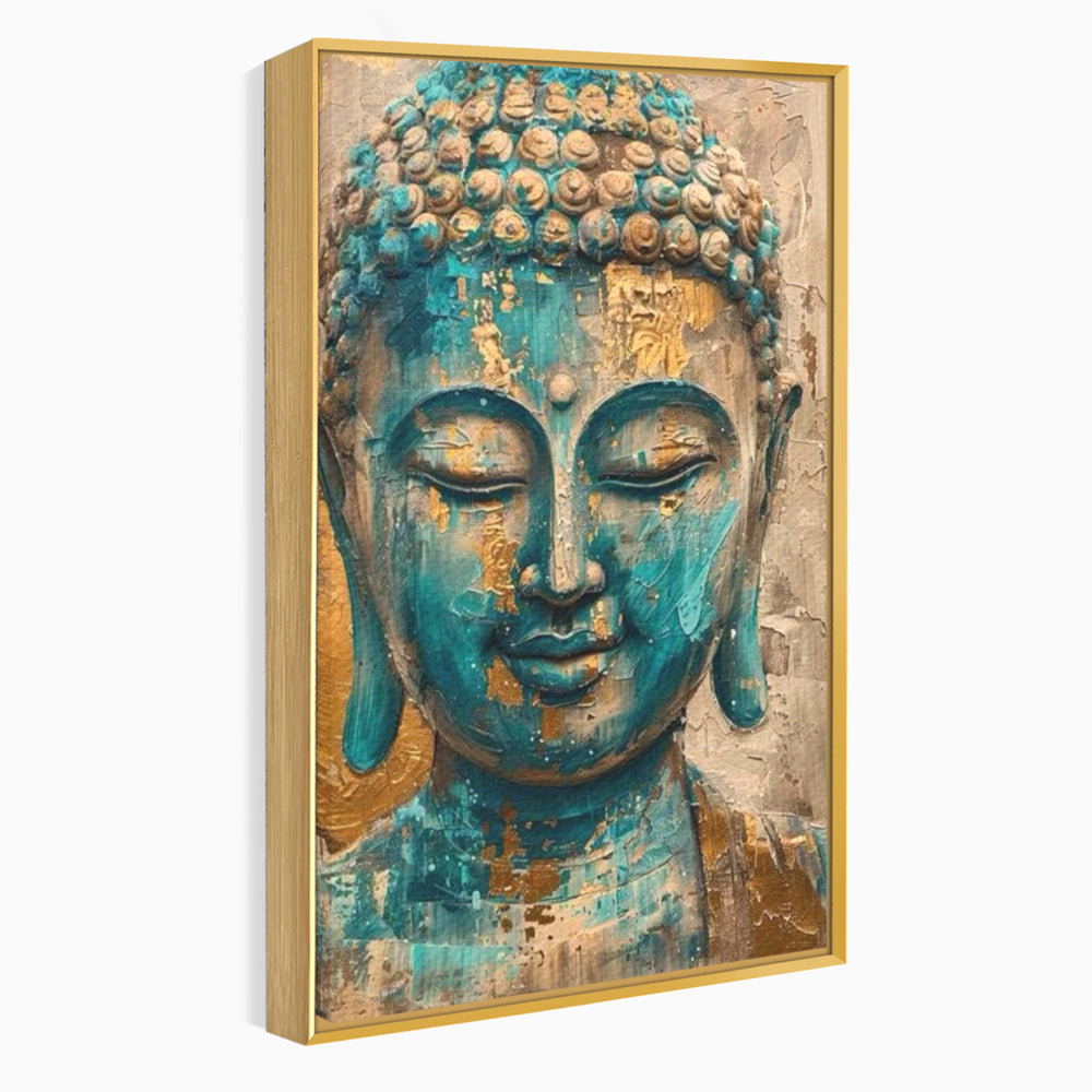Tablou canvas cu tablou canvas cu capul lui buddha, in rama de aluminiu auriu