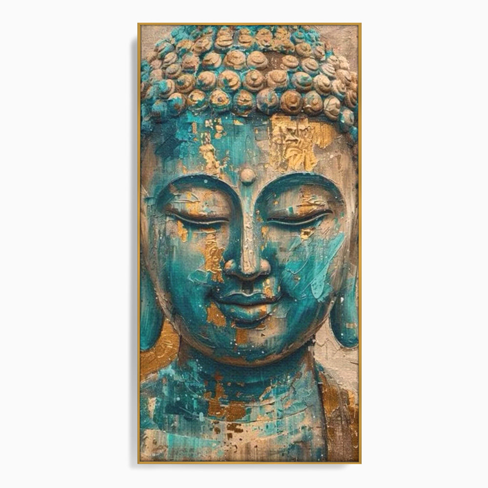 Tablou canvas cu tablou canvas cu capul lui buddha, in rama de aluminiu auriu