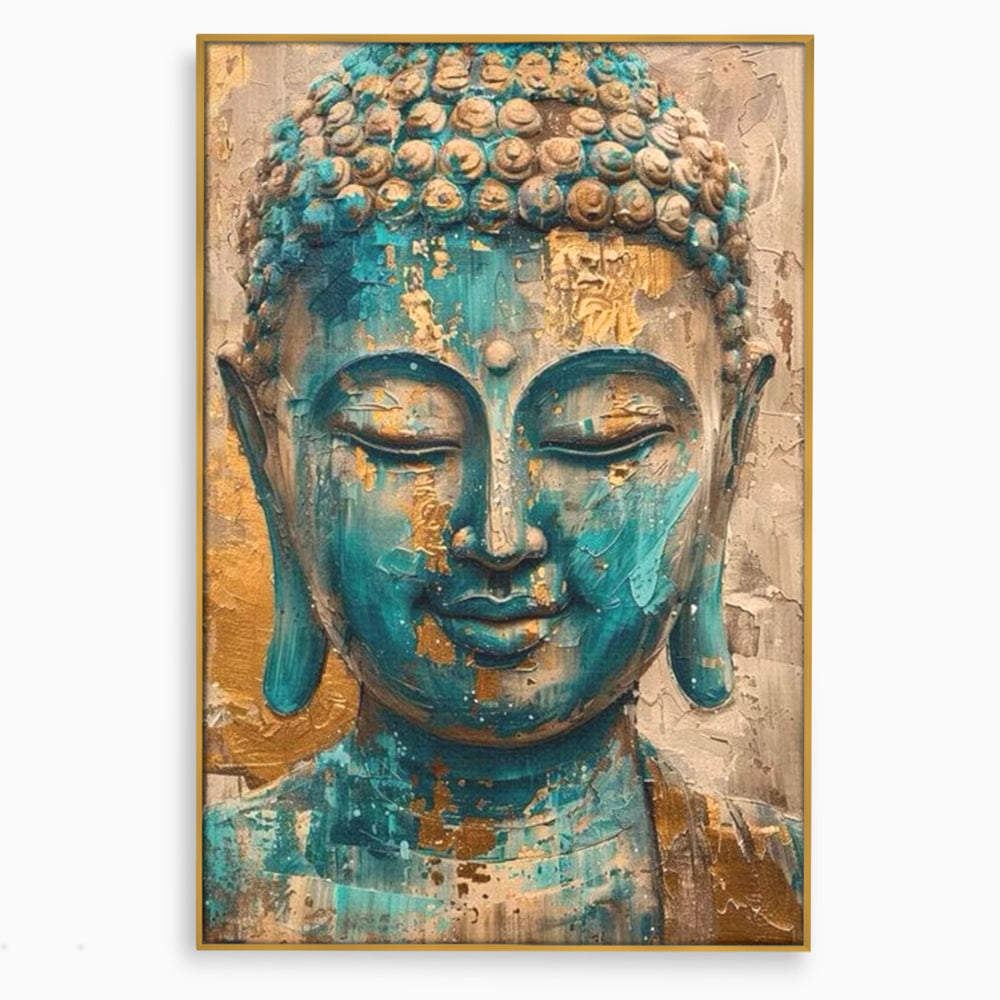 Tablou canvas cu tablou canvas cu capul lui buddha, in rama de aluminiu auriu