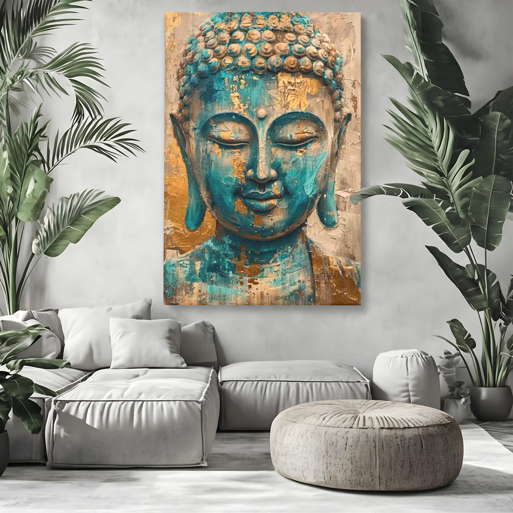 Tablou canvas cu tablou canvas cu capul lui buddha, fara rama, pe sasiu de lemn, pe perete intr-un living