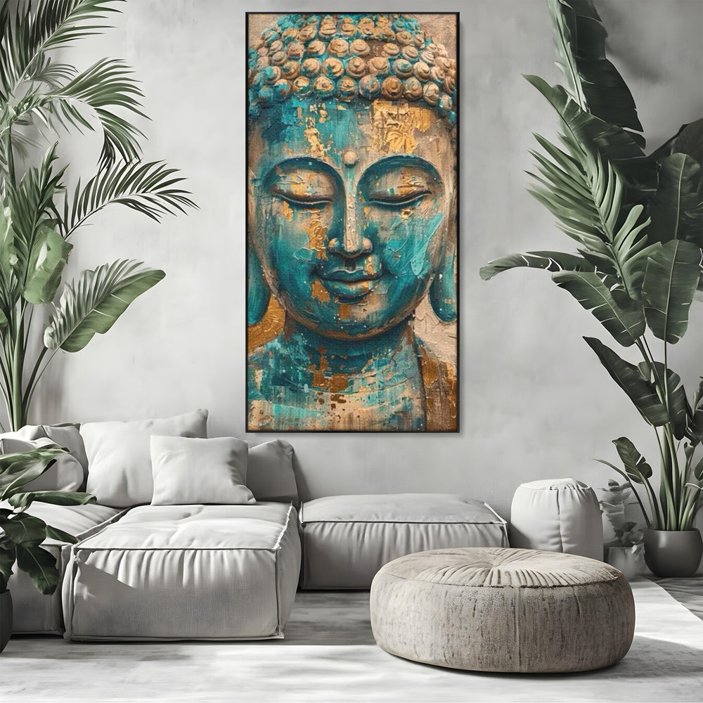 Tablou canvas cu tablou canvas cu capul lui buddha, in rama de aluminiu negru, pe perete intr-un living