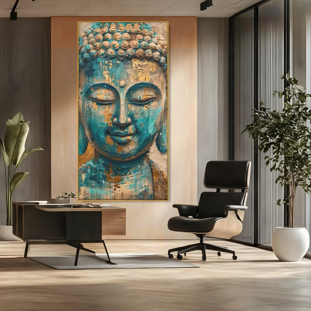 Tablou canvas cu tablou canvas cu capul lui buddha, in rama de aluminiu auriu, pe perete intr-un birou