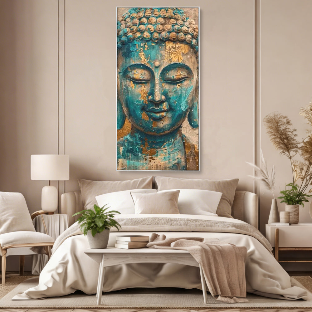 Tablou canvas cu tablou canvas cu capul lui buddha, in rama de aluminiu argintiu, pe perete intr-un dormitor
