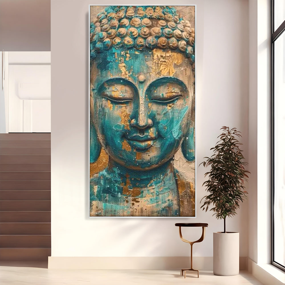 Tablou canvas cu tablou canvas cu capul lui buddha, in rama de aluminiu argintiu