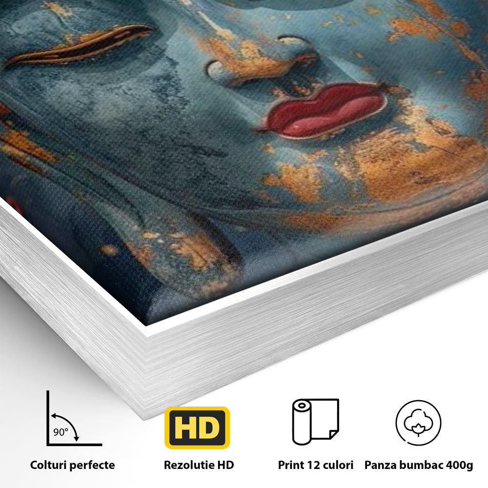 Detaliu al suprafetei: tablou canvas cu chipul lui buddha, in rama de aluminiu argintiu