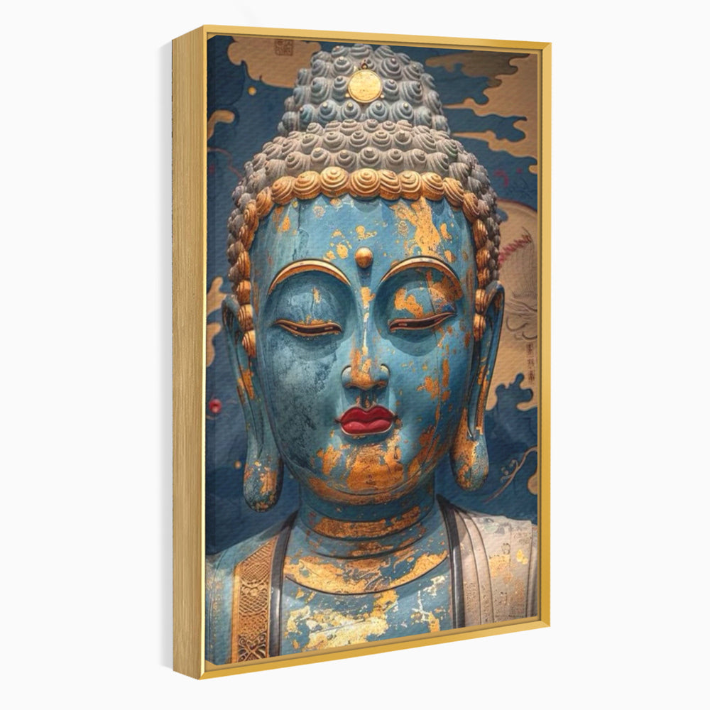 Tablou canvas cu tablou canvas cu chipul lui buddha, in rama de aluminiu auriu