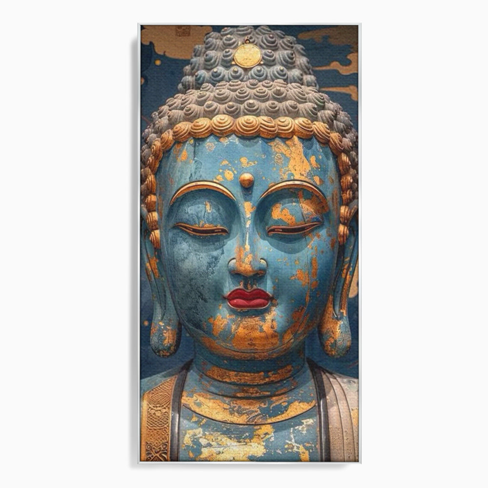 Tablou canvas cu tablou canvas cu chipul lui buddha, in rama de aluminiu argintiu
