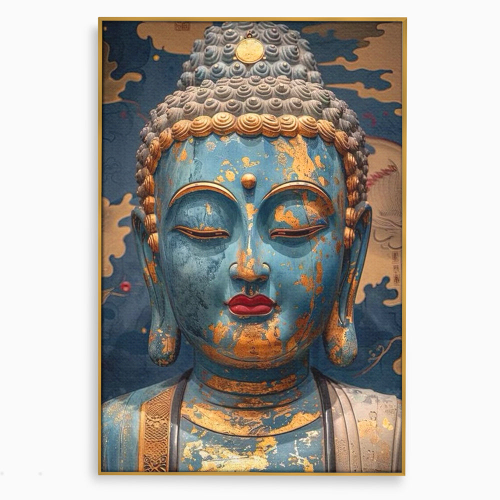 Tablou canvas cu tablou canvas cu chipul lui buddha, in rama de aluminiu auriu
