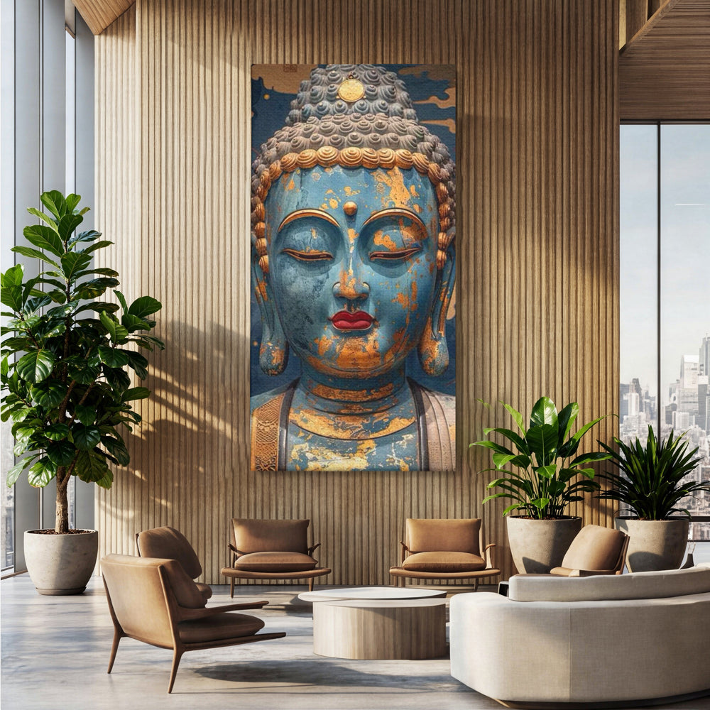 Tablou canvas cu tablou canvas cu chipul lui buddha, fara rama, pe sasiu de lemn, pe perete intr-un birou