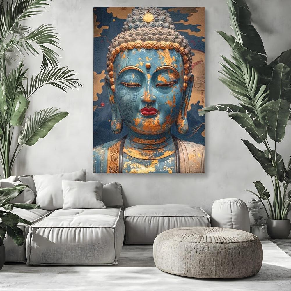 Tablou canvas cu tablou canvas cu chipul lui buddha, fara rama, pe sasiu de lemn, pe perete intr-un living