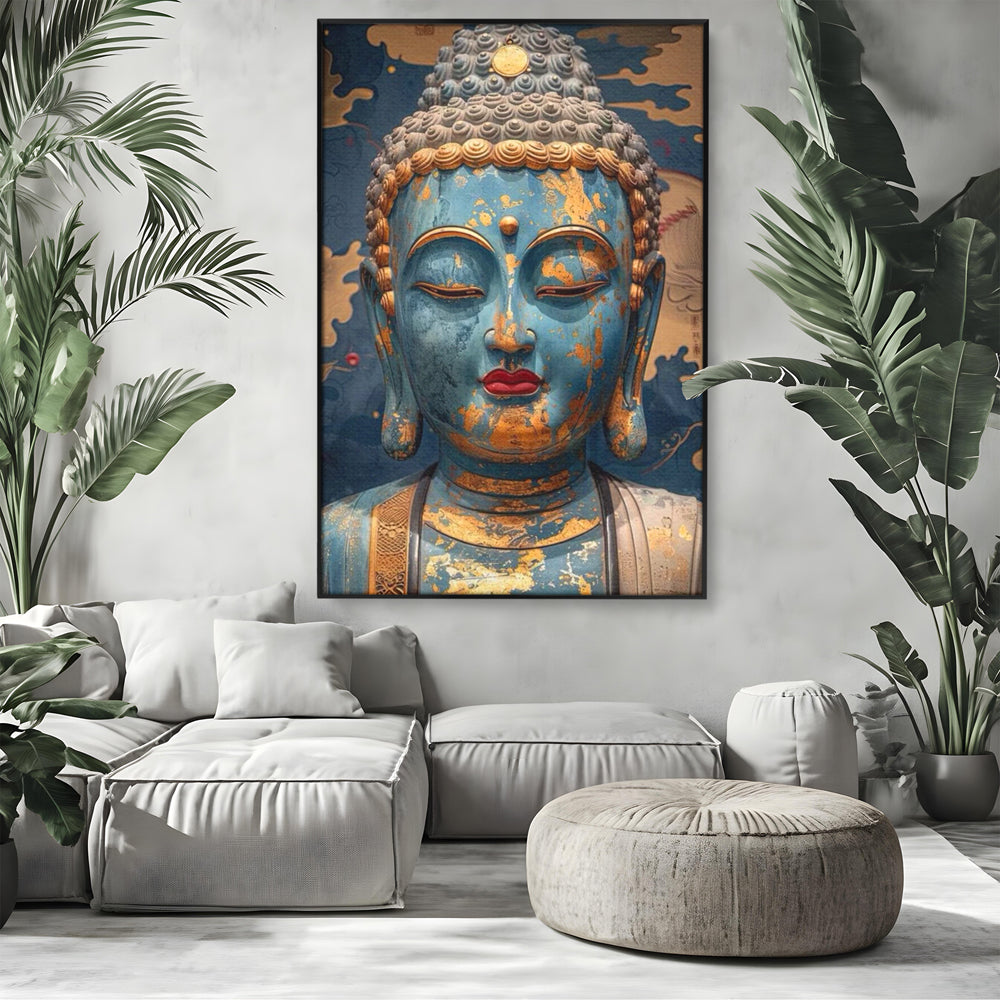Tablou canvas cu tablou canvas cu chipul lui buddha, in rama de aluminiu negru, pe perete intr-un living