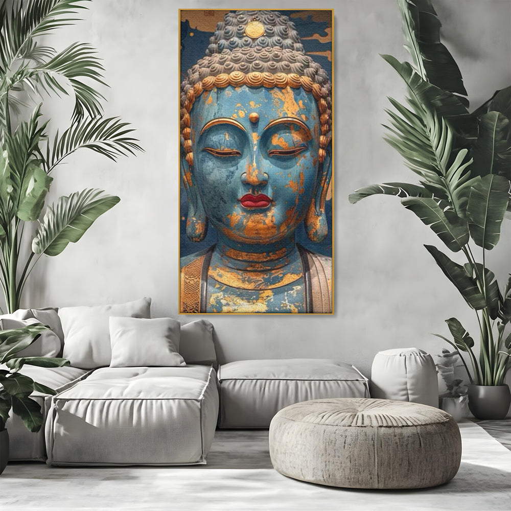 Tablou canvas cu tablou canvas cu chipul lui buddha, in rama de aluminiu auriu, pe perete intr-un living