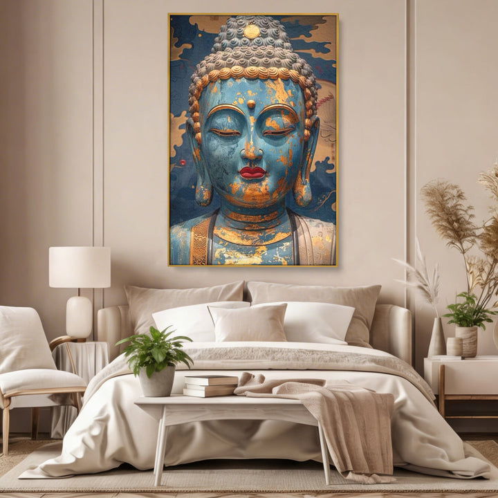 Tablou canvas cu tablou canvas cu chipul lui buddha, in rama de aluminiu auriu, pe perete intr-un dormitor