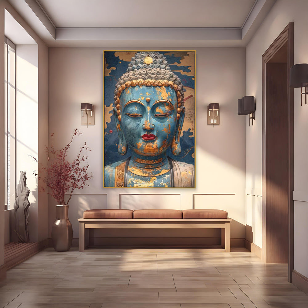 Tablou canvas cu tablou canvas cu chipul lui buddha, in rama de aluminiu auriu