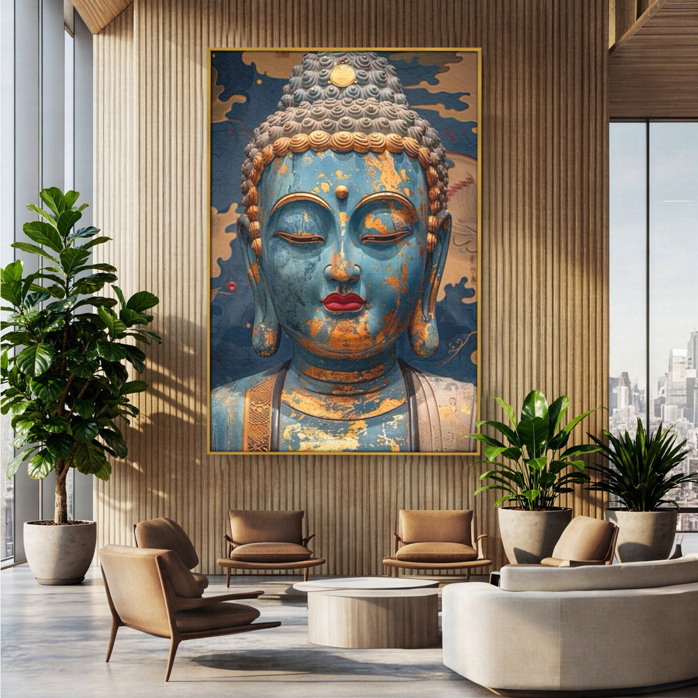 Tablou canvas cu tablou canvas cu chipul lui buddha, in rama de aluminiu auriu, pe perete intr-un birou
