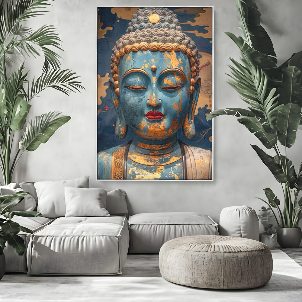 Tablou canvas cu tablou canvas cu chipul lui buddha, in rama de aluminiu argintiu, pe perete intr-un living