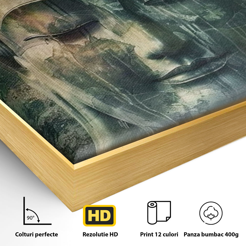 Detaliu al suprafetei: tablou canvas cu chipul lui buddha, in rama de aluminiu auriu